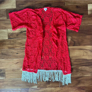 LuLaRoe Red Lace With Fringe Shirley Kimono size Small